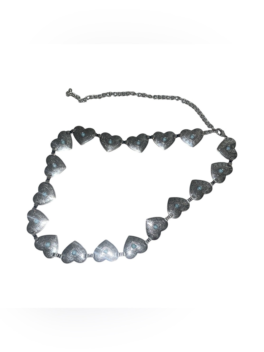 Silver Heart Link Necklace with Turquoise Accents